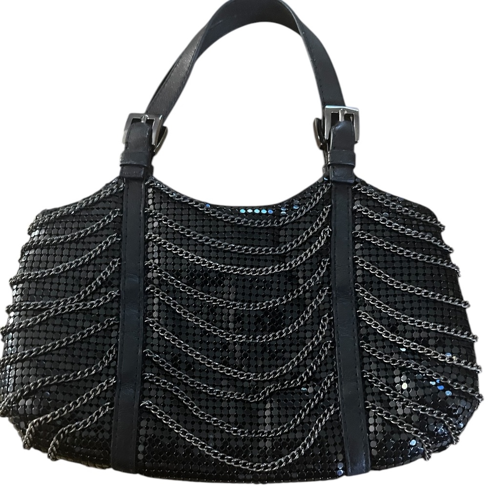 WHITING & DAVIS Chainmail Black Leather, Mesh, & Chain Mini Handbag Evening Bag